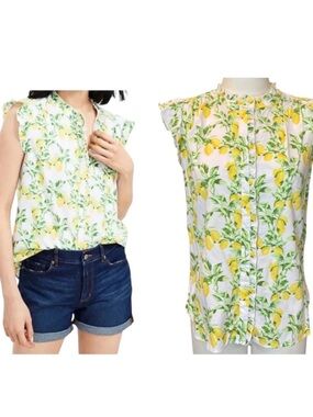 LOFT White Lemon-Print Ruffle Button Blouse
